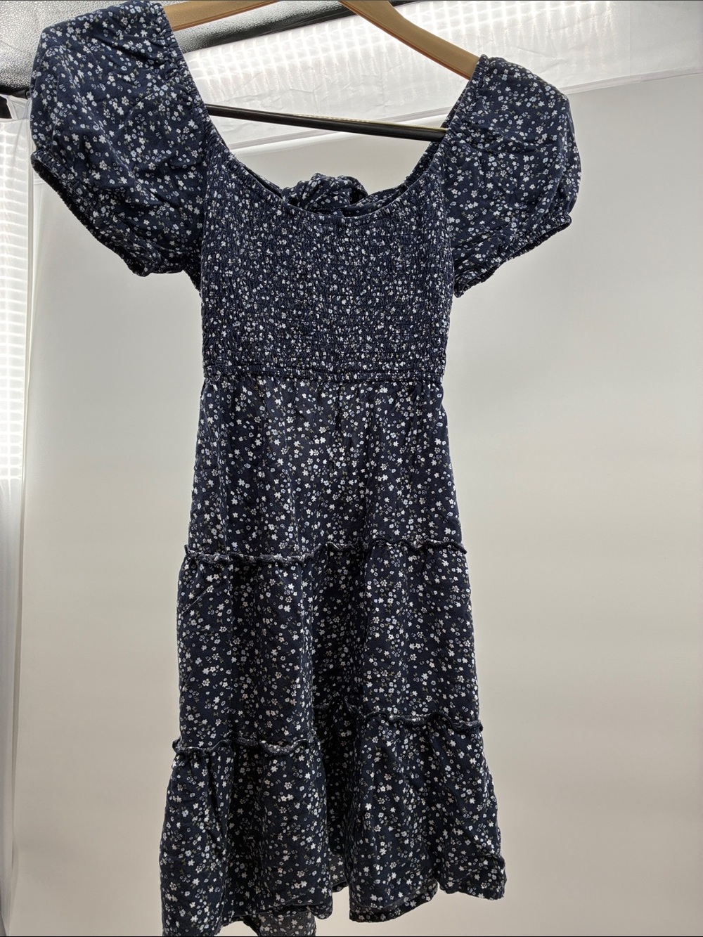 Hollister Navy Blue Floral Puff-Sleeve Tiered Dress